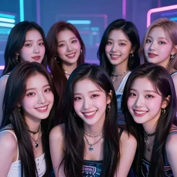 a photo of famous beautiful korean females from a kpop idol group, staring at the camera, laughing, cyberpunk background, canon ae - 1, sharp focus, bokeh