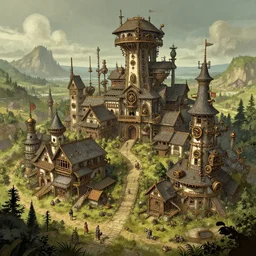A Complex steampunkVillage, art by Nathan Fowkes , art station, colorkey scene,