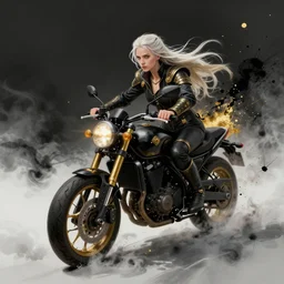 portrait of ciri riding a motorcycle in the couds, pop fantasy art, artgerm, peter mohrbacher, black gold splatter, ink smoke, marcin blaszczak, sylvain sarrailh, ismail inceoglu, artgerm, artstation
