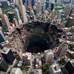 drone photos a gigantic sink hole, 1 mile in circumference, as it swallows up entire neighborhoods of new york city, the sinkhole is sucking in skyscrapers, cars, parks, trees, pedestrians, everything around it, hyperreal, in the style of roland emmerich disaster movies, 2 0 1 2, the day after tomorrow, photorealistic - h 6 4 0