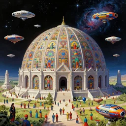 pilgrims to the temple of the half infinite in proxima centauri, massive dome building, thousands of people, spaceships in bright colors, fantasy art, space, dark sky, nebula and stars, john harris, moebius, craig mullins