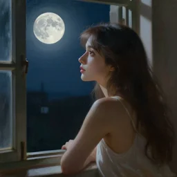 painting of brunette girl looking out the window at the moon, love