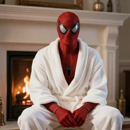 spider man sitting in a bathrobe by the fireplace, realistic light, soft light, focus, depth of field, photorealism, 8 k quality, high quality, realistic style, classicism painting