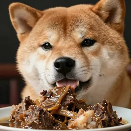 closeup headshot photo of shiba passionately tasting the best mutton stew, detailed face details