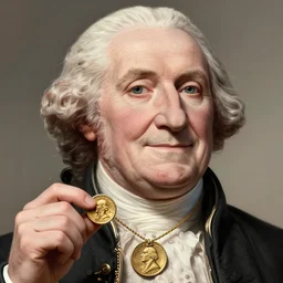 a closeup photorealistic illustration of a happy George Washington holding wearing a small gold Doubloon coin as a necklace. This 4K HD image is Trending on Artstation, featured on Behance, well-rendered, extra crisp, features intricate detail and the style of Unreal Engine.