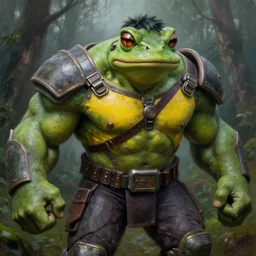 macro medium shot, rugged anthropomorphic muscular!!!!!!!!! oversized!!!!!!!! hulked!!!! frog as oversized green armored barbarian armored hunter with yellow chest wearing war soldier uniform sci - fi armor in deep forest, foggy, oil painting by frazetta by greg rutkowski by frazetta y louie travis