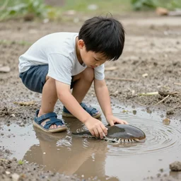 boy playing in a puddle with a giant tadpole