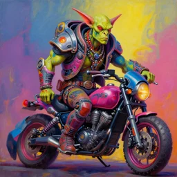 a portrait of a scifi post apocalyptic orc biker character design, psychedelic vibrant colors, futuristic punk rock fashion, oil painting by michael whelan art, sharp focus, realistic, highly detailed, 8 k