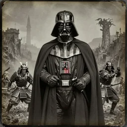 darth!!! vader!!! daguerreotype portrait photograph of darth!!! vader!!!. japanese samurai charging, inspired by gerard grom and ansel adams and zdzislaw beksinski. highly detailed. old timey.