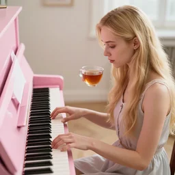 highly detailed russian girl with long blond hair playing a pink piano with a cup of tea, realistic, soft light, sharp focus, octane render, aesthetic