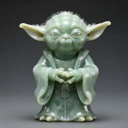 half - length portrait of a life - sized elaborate jade sculpture of buddha reimagined as yoda