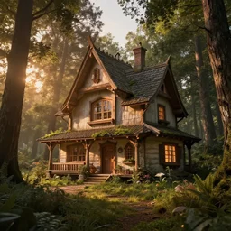 an award winning photograph of a fairytale home in the woods at sunset, unreal engine, octane render, lumion, architectural, concept art, hyper detailed, perfection, dramatic lighting