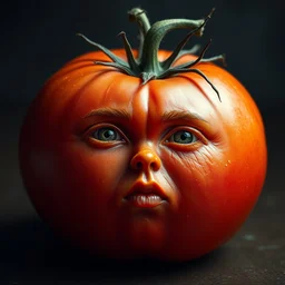 an anthromorphic portrait of a tomato with emma stone face, hyperdetailed, volumetric lightening