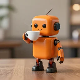 orange robot drinking coffee