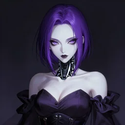 Gorgeous grown up anime women as a evil witch with purple short  smooth shiny hair , pale white skin , robotic eyes , artstation , 4K , Highly detailed , high quality , dramatic lighting , drawn by Yusuke Murata , elegant, highly detailed, centered, digital painting, artstation, concept art, artgerm, donato giancola, Joseph Christian Leyendecker, WLOP, Boris Vallejo, Artgerm