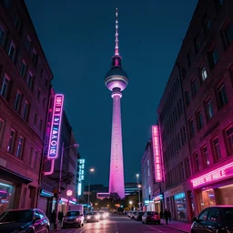 neon streets of berlin television tower, 4 k, award winning photo, cyberpunk style