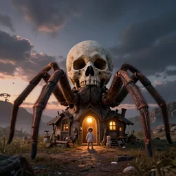 giant skull spider house babies with bright glowing eyes at dusk, pc boxart
