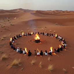 aerial shot of a burning seed party in the red desert with dry grass