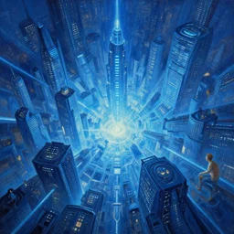 radial architecture, blue glowing hyperfuturistic city, tim hildebrandt, bruce pennington, wayne barlowe, donato giancola, trending on artstation, cinematic composition, beautiful lighting, hyper detailed, 8 k, oil on canvas