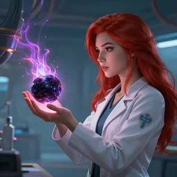 league of legends concept art beautiful young female scientist holding small black hole on palms of her hands, laboratory coat, long red hair, futuristic interior in background, black hole with plasma jets, art by charles liu, close up profile shot, fantasy style, soft lighting, vibrant color scheme, volumetric lighting, octane render, commission art, 8 k resolution