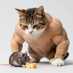 extremely muscled kitty cat scolding a frightened muscled mouse for eating all the delicious cheese, Richard Corben, Mark Arian, Wayne Barlowe, Julie Bell, Zdzisław Beksiński, Ed Binkley, Mark Brooks, Jean Delville, Larry Elmore, Frank Frazetta, Greg Hildebrandt, Tim Hildebrandt, Alex Horley, Ralph Horsley, Peter Andrew Jones, Eddie Mendoza, Earl Norem, Greg Rutkowski, Michael Whelan, Artgerm
