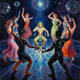 a beautiful masterpiece painting of people who dance around ( in a space disco ) and suppose while the secret sits in the middle and knows, oil painting by cuno amiet, andrey remnev, frank stella, james jean, kazimir malevich, pavel filonov, prismatic, glowing, raven black, dazzle camouflage!, trending on artstation