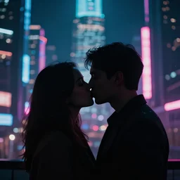 two silhouettes kissing in front of a cyberpunk city, neon lights, bokeh, close up, award wining photograph, movie still,