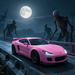 pink or blue car on a bridge at midnight, full moon, SOMA game style, horror, hyperdetailed car design, SOMA game antagonist surrounding