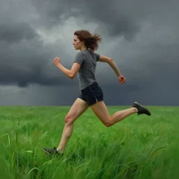 Woman running in the green grass, dramatic scene, masterpiece digital painting by Greg Rutkowski, Alex Grey, artstation, 4k wallpaper
