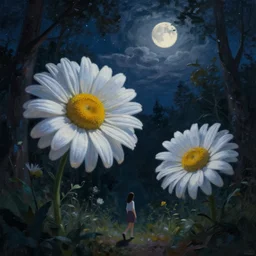 giant daisies flowers head, girl walking in dark forest, surreal photography, dark night, stars, moon light, impressionist painting, clouds, digital painting, artstation, simon stalenhag