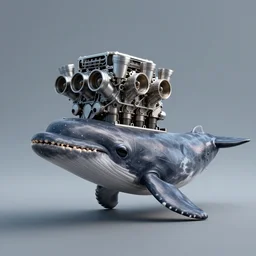 digital art of cachalot with the large rectangular head out of which eight - cylinder pistons from v 8 engine are sticking out, mix of engine and cachalot head, full - body, side view, wide angle, cyberpunk style