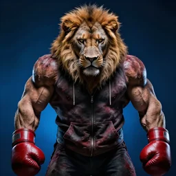 high detail cinematic photograph portrait , epic pose mutant powerlifter muscular oversized lion with big eyes is wearing dirty bloody hoodie and boxing gloves, very dramatic dark studio blue backlight