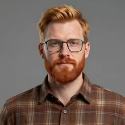 hearts of iron 4 portrait of a man with short ginger hair, square glasses, ginger beard, plaid brown shirt, trending on artstation, character portrait, ylva ljungqvist, paradox interactive