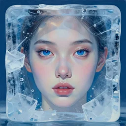 portrait of beautiful girl, dark blue eyes, frozen in an ice block, artgerm, 8 k, hyper detailed, hyper realism, acrylic paint, surrealism, smooth, sharp focus