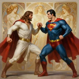 Jesus fighting superman , diffuse lighting, fantasy, intricate, elegant, highly detailed, lifelike, photorealistic, digital painting, artstation, illustration, concept art, smooth, sharp focus, art by John Collier and Albert Aublet and Krenz Cushart and Artem Demura and Alphonse Mucha