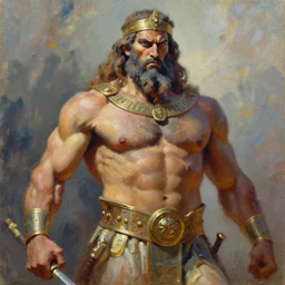 highly detailed palette knife oil painting of a historically accurate depiction of the ancient biblical philistine giant warrior Goliath of Gath, fierce, menacing, by Peter Lindbergh, impressionistic brush strokes, painterly brushwork