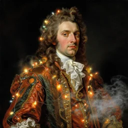 a baroque neoclassicist renaissance portrait of a man wrapped in christmas lights. glowing fog, black background. highly detailed science fiction painting by moebius, norman rockwell, frank frazetta, and syd mead. rich colors, high contrast, artstation