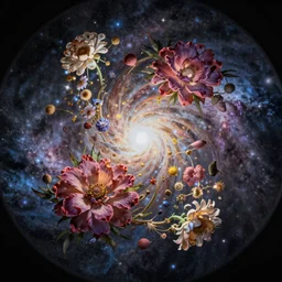 An epic fantastic realism comic book style painting of the most beautiful entwined flowers launched across the galactic sky, nebulous bouquets, fisheye lens, unreal 5, DAZ, hyperrealistic, octane render, dynamic lighting