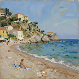 impasto, high relief painterly sketch, in rich glossy oil paint of a beautiful italian beach scene, claire tabouret
