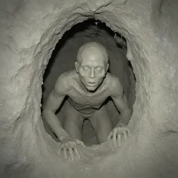 found footage of a humanoid made of grayish clay emerging from a wall inside of a cave made of grayish clay, creepy, flash photography, unsettling, moist