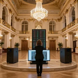 an estate agent photo of the grand ballroom of a palace, a mainframe computer! in the middle
