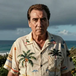 detailed ultrarealistic medium shot photography of old nicholas cage as magnum tom selleck in hawaii shirt cinematic