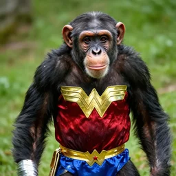A chimpanzee wearing a Wonder Woman outfit, photographed in the style of National Geographic, hyperreal