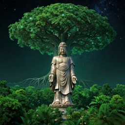 big budha statue standing in the middle of a matte landscape with a world tree with branches in the stars and roots in the underworld, vast, epic, starry, lush, greenery, cinematic color scheme, by artstation artists, 4 k wallpaper, uhd quality, unreal engine, glossy paper quality, dramatic shadows