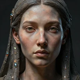 detailed portrait, high priestess, realistic face sculpted features, ethnic, clear eyes, statuesque, tech noir, jewel, lit from within, chiaroscuro, tangible, peach fuzz, organic impressionism, deep backdrop, natural colors, octane render, painterly