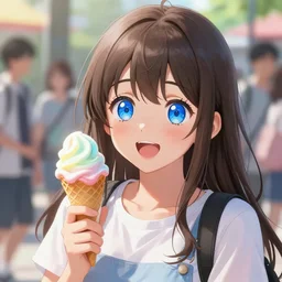 teenage cute girl with extremely detailed blue eyes!, holding a cone of rainbow ice cream!, happy excited expression!!, full face, medium shot, anime, fantastic details, trending on artstation, pixiv, hyperdetailed, stanley artge rm lau, wlop, rossdraws, james jean marc simonetti ruan jia and mandy jurgens and artgerm and william adol