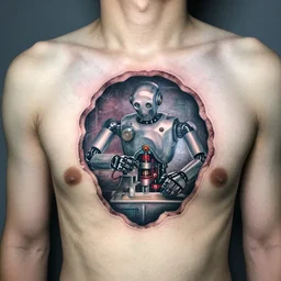 chest tattoo of a hole in the skin with a robot mechanic inside under the skin