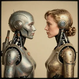 a beautiful ultradetailed vintage photo of two cyborgs facing away from each other, by tom bagshaw and anna dittman, couples portrait, vignette, 35mm lens, golden ratio composition, detailed faces, studio photography, very detailed, humanoids, industrial robots, artstation, 8k, highly coherent