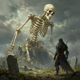 a giant skeleton overlooking a tombstone mountain, elden ring boss, dark souls boss, trending on cgsociety, concept art by wayne haag and ignacio fernandez rios and wlop