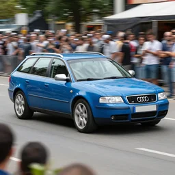 denim blue audi a 4 b 6 avant ( 2 0 0 2 ) running over a crowd
